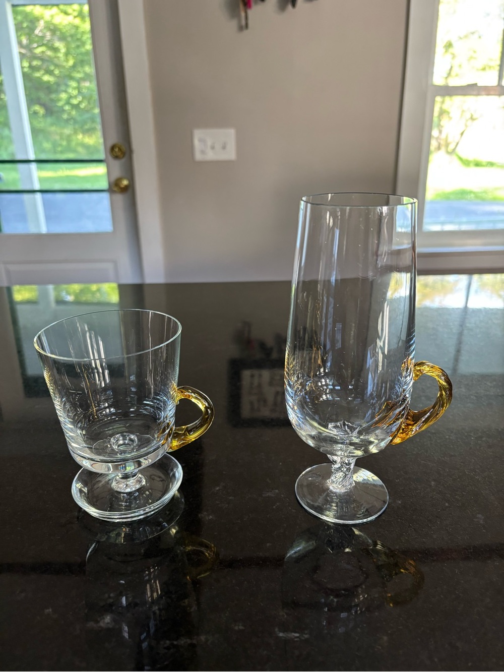 Clear Glass Footed Mug and Goblet with Amber Handles - Home Dining
